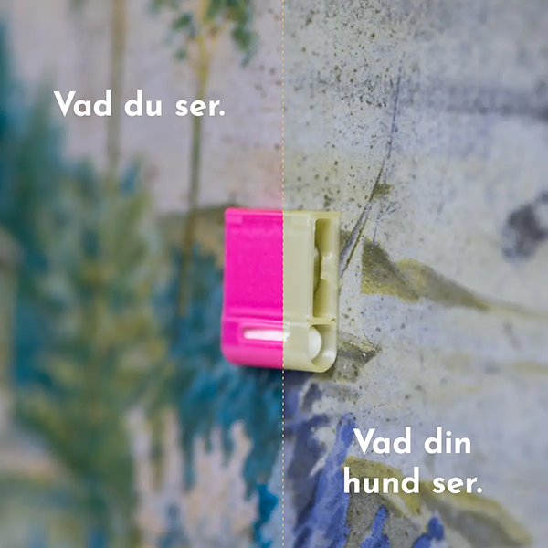 Pocket X i rosa och bilden visar att hunden ser rosa som en beige/grå färg medan vi ser den som en stark färg